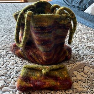 Hand knit felted bag with matching wallet